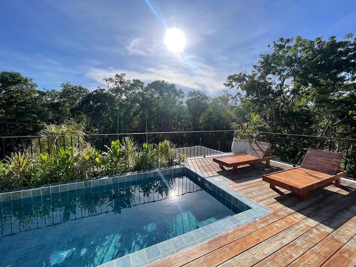 Casa Dalida rooftop pool overlooking the jungle with seating area