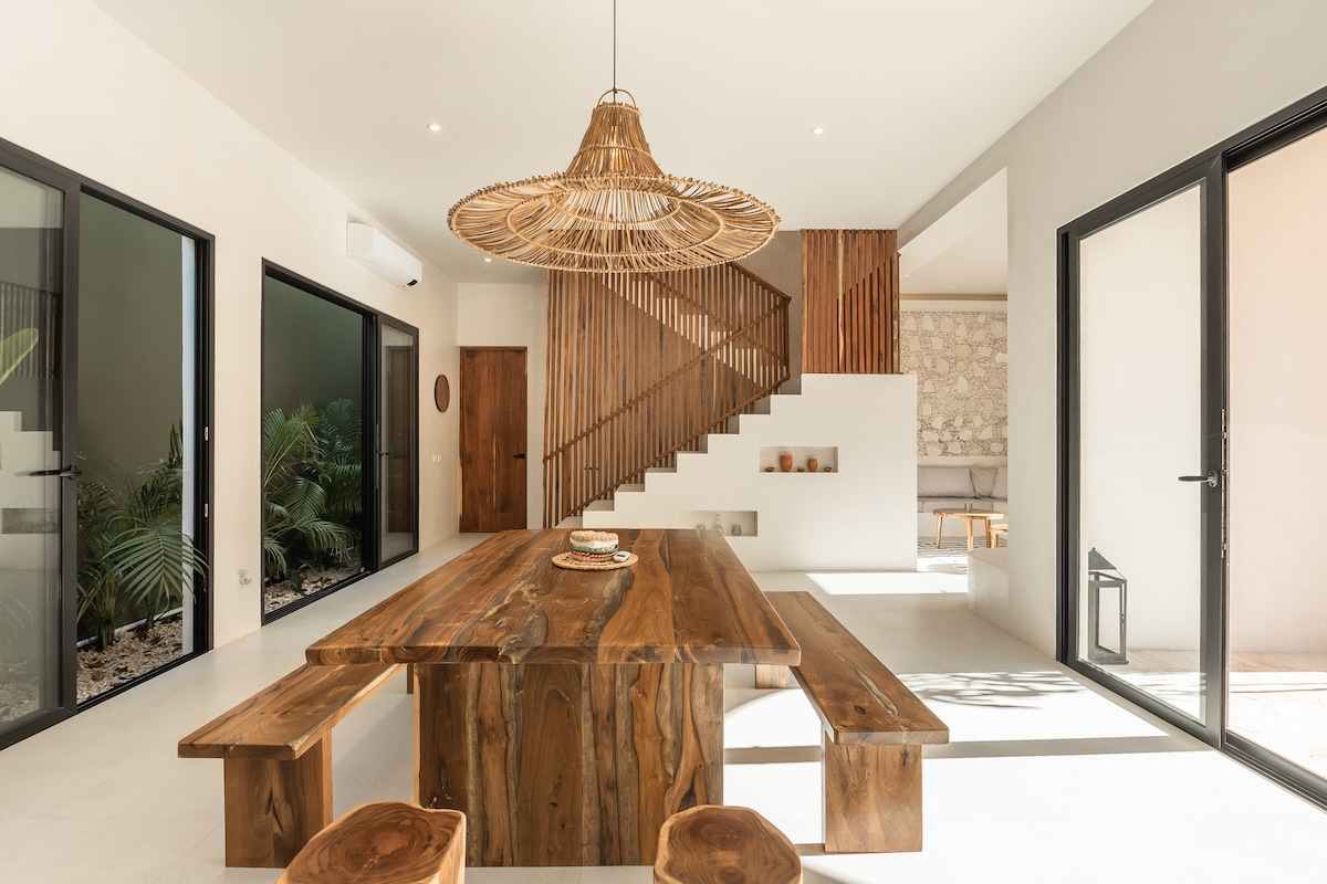 Casa Tabarka stylish bedroom with king bed and modern amenities in new Tulum designer villa