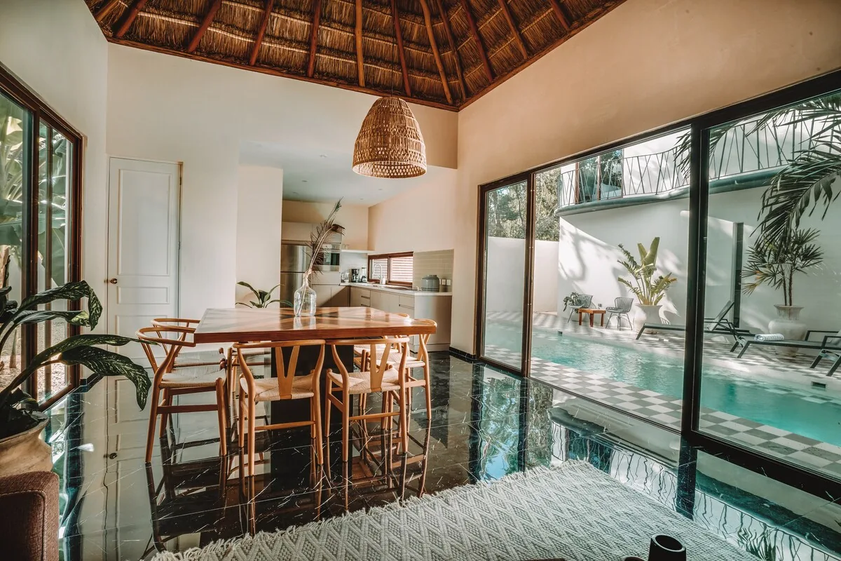 Casa Zorro private swimming pool with contemporary design and comfortable lounge area in jungle setting